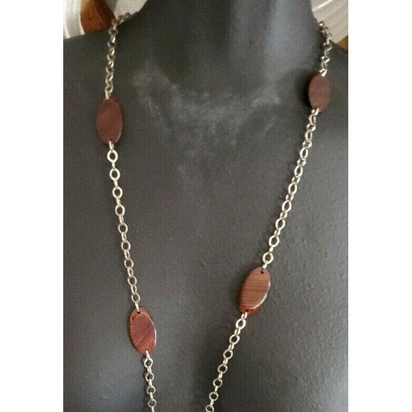 Vintage Extra Long Oval Wood Disc & Chain Boho Bohemian Layer Necklace - Picture 2 of 5